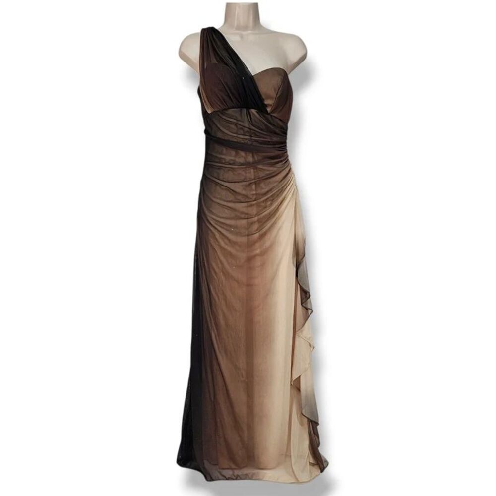 Vintage Blondie Nites Stacy Sklar Brown Tan Ombre Glitter One Shoulder Gown 7